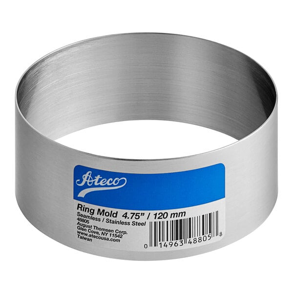 A stainless steel Ateco round ring mold with a blue label.
