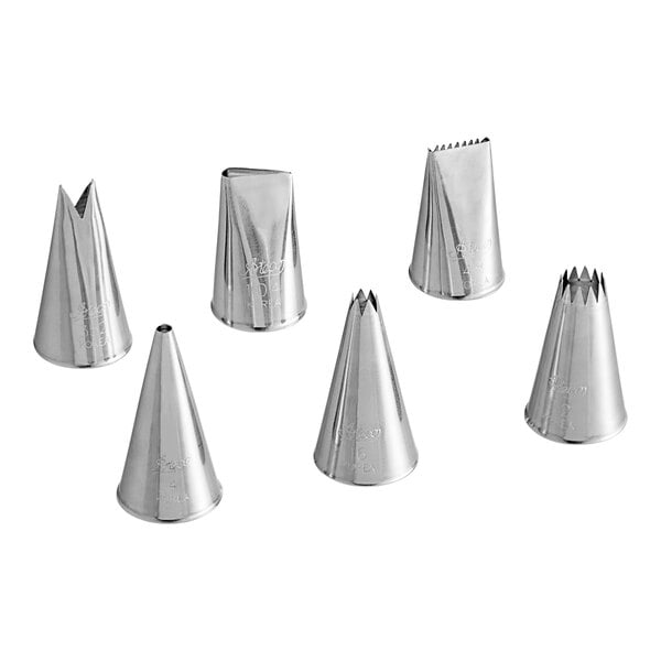 A silver metal container with a logo holding a silver cone with a black handle and 6 silver cone shaped objects with different tips.