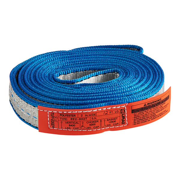 A blue and white Lift-All Tuff-Edge polyester strap with orange labels.