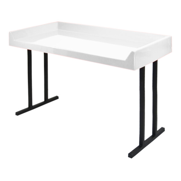 A white rectangular table with black legs.