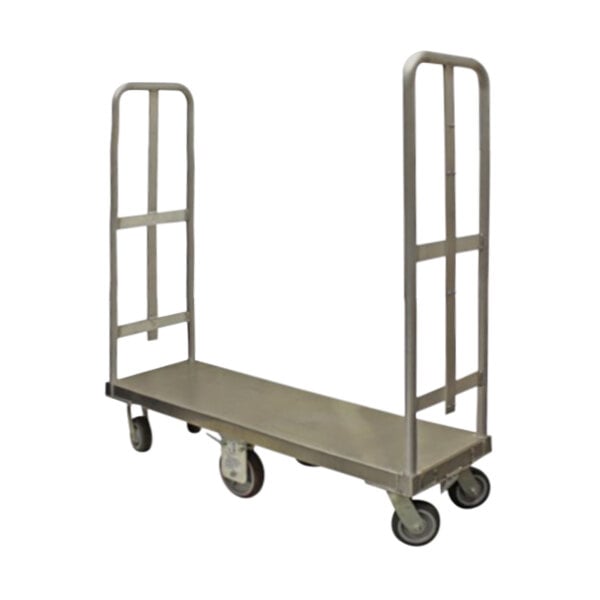 A silver metal B&P Manufacturing aluminum bulk U-boat delivery cart with wheels.