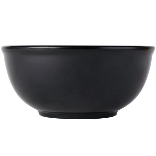 A black Cal-Mil melamine bowl.