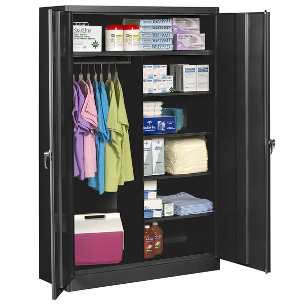 A black Tennsco jumbo combination storage cabinet with solid doors and items on the shelves.