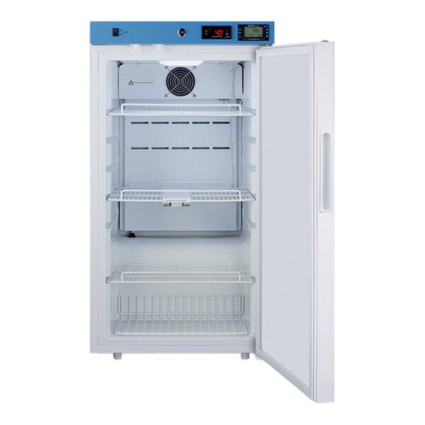 A white Summit medical refrigerator with a blue top and door open.