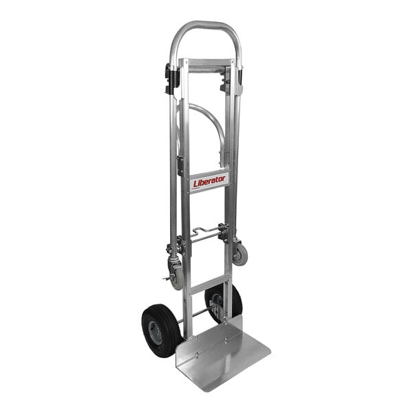 A silver B&P Manufacturing hand truck with black wheels and a loop handle.
