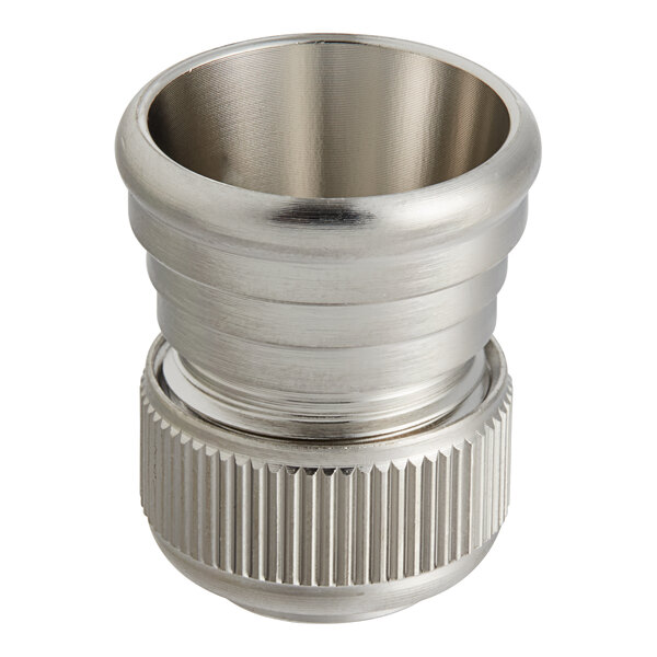 A close-up of an Ateco metal standard coupler, a stainless steel pipe fitting with a metal nut.