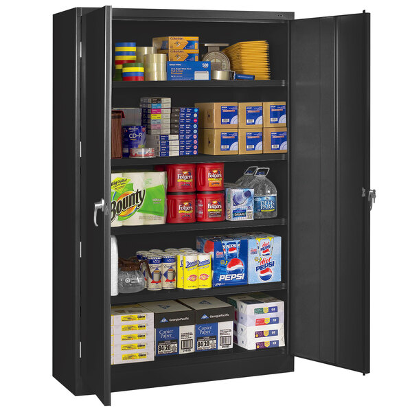 A black Tennsco jumbo storage cabinet with many items inside.
