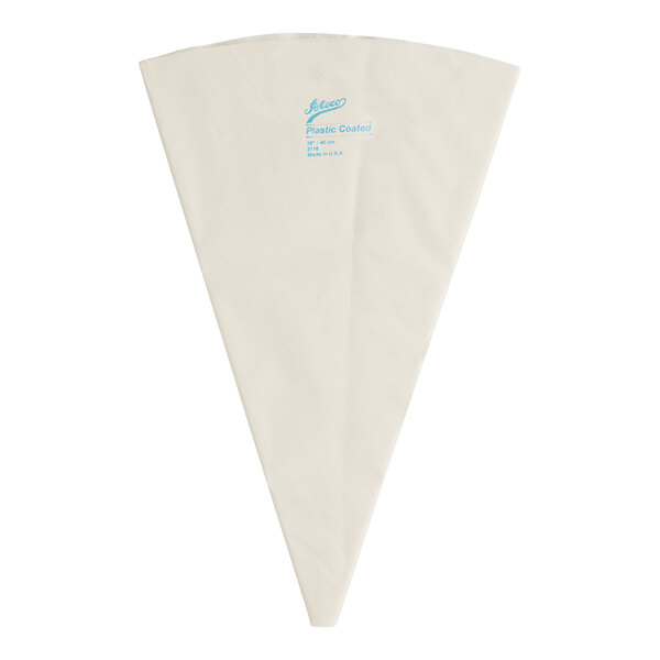 A white triangular Ateco pastry bag with blue text.