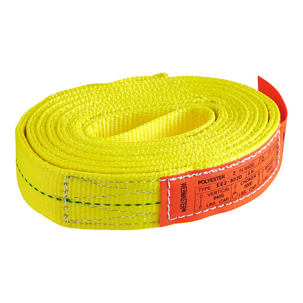 A yellow Lift-All polyester web sling with a label.