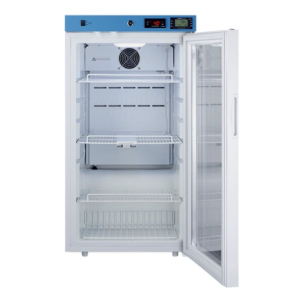 The open white door of a Summit medical refrigerator with a blue top.