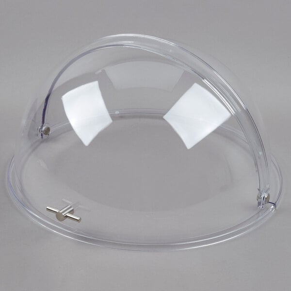 A clear plastic dome with a silver handle for a Tablecraft round roll top lid.
