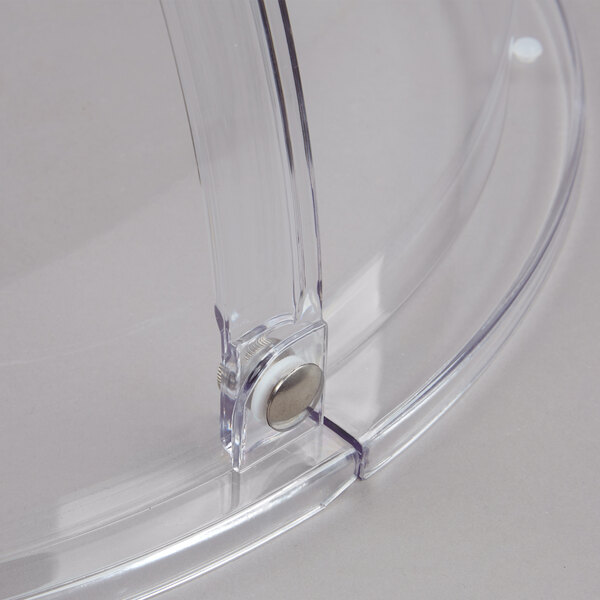 A close up of a clear plastic Tablecraft roll top lid.