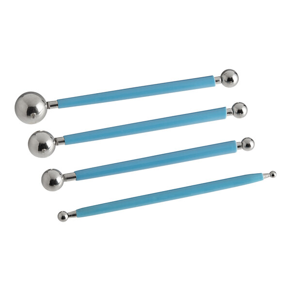 Ateco 4-piece blue and silver metal ball tool set.