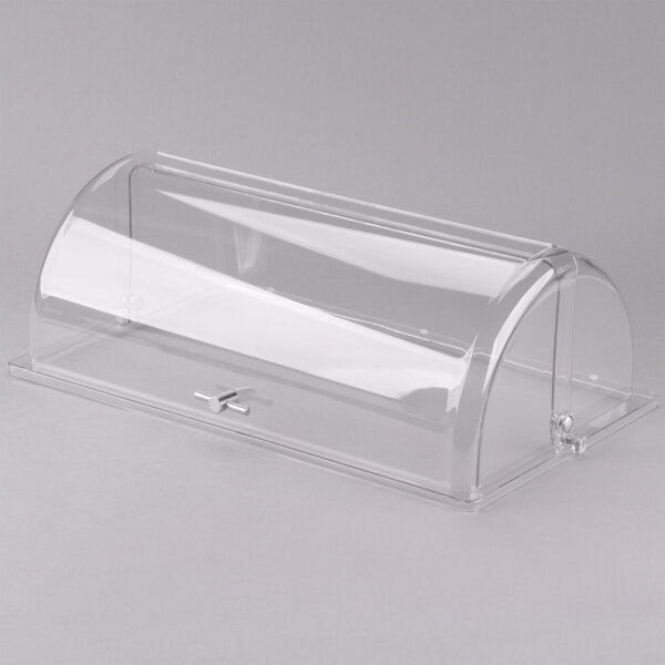 A Tablecraft clear polycarbonate rectangular roll top lid.
