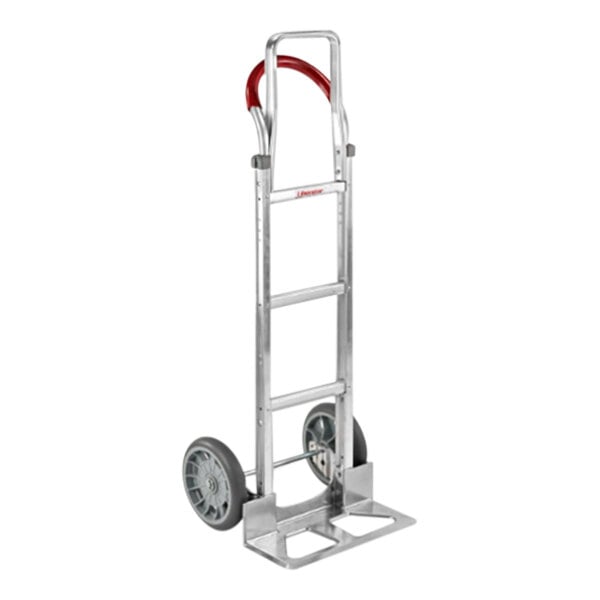 A silver hand truck with red extending frame and wheels.