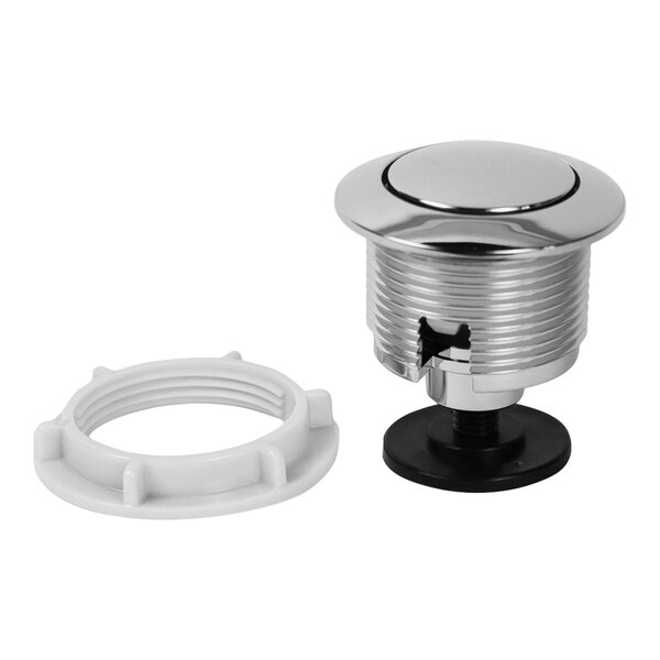 A white and chrome metal Flushmate push button with a convex top.