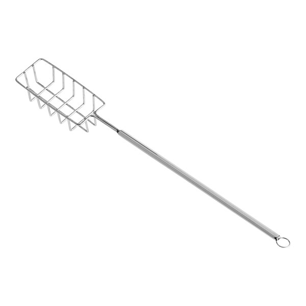 An Ateco stainless steel basket dipping tool with a long thin metal rod and a handle.