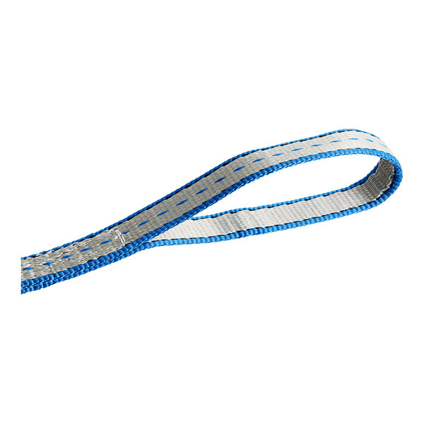 A blue and white Lift-All Tuff-Edge polyester web sling with flat eyes.