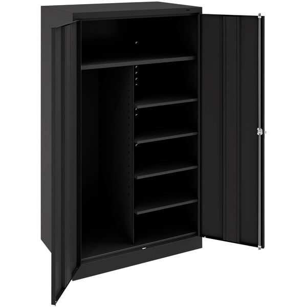 A black metal Tennsco storage cabinet with solid doors open.