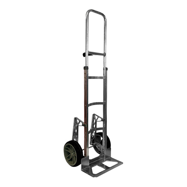 A B&P Manufacturing hand truck with curved back, wheels, and stair climbers.