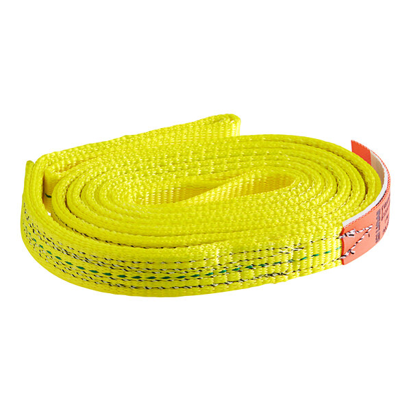 A yellow Lift-All polyester web sling with a red tag coiled up.