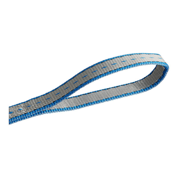 A blue and white Lift-All Tuff-Edge polyester strap with flat eyes.