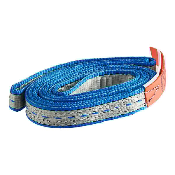 A blue and white Lift-All 2-ply polyester web sling with flat eyes.