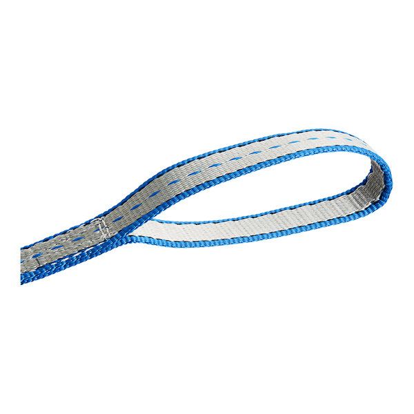 A blue and white Lift-All Tuff-Edge II polyester web strap with silver stripes and flat eyes.