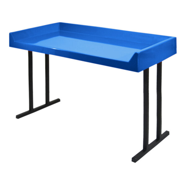 A blue rectangular table with black legs.