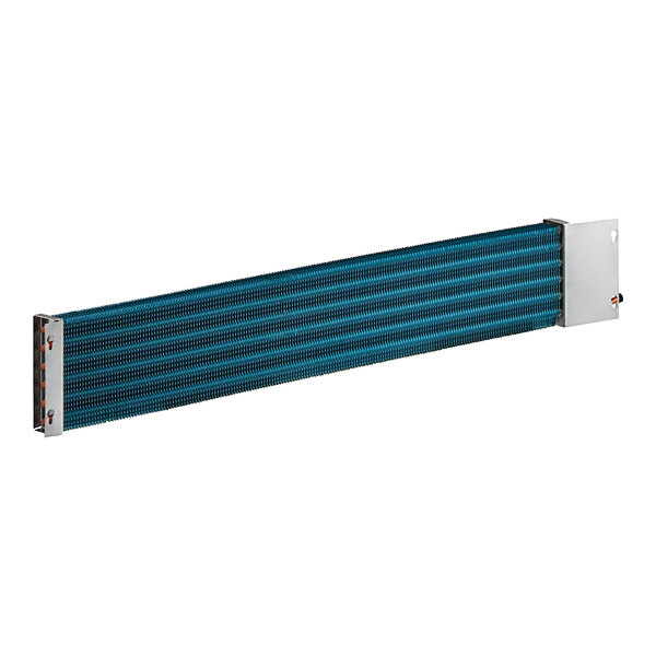 An Avantco evaporator coil with blue and black stripes on a blue and silver metal strip.