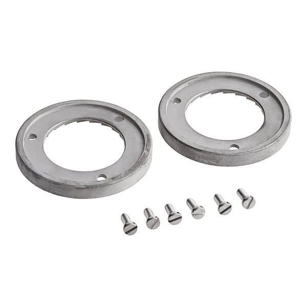Two round metal rings with holes and screws.