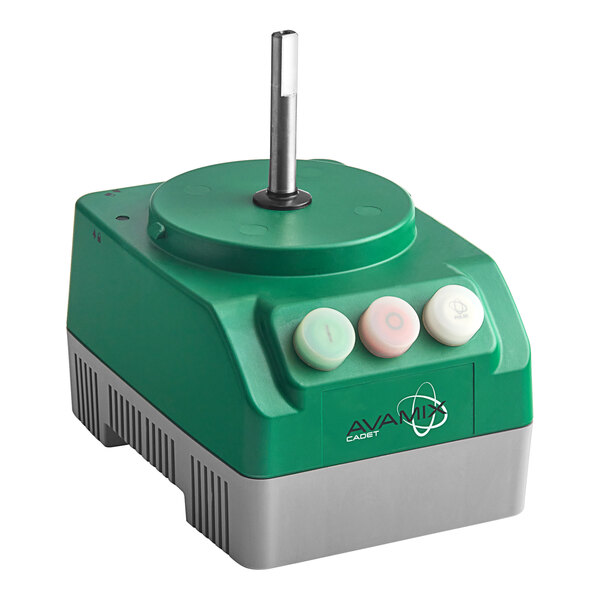 A green and white AvaMix motor base with buttons on a metal pole.