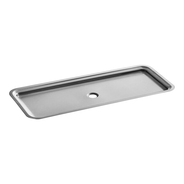 A rectangular stainless steel drip tray with a hole in the center.