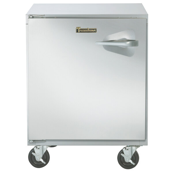 A Traulsen undercounter refrigerator with a stainless steel left hinged door and wheels.