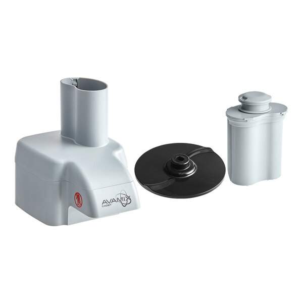 A white cylinder with a white top and a black circular object with a nut.