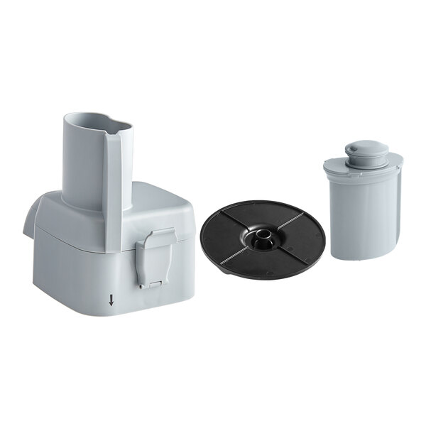 A black circular attachment with a white filter.