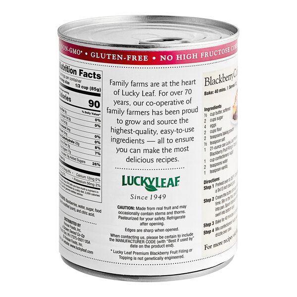 A white can of Lucky Leaf Premium Blackberry Pie Filling with a label.