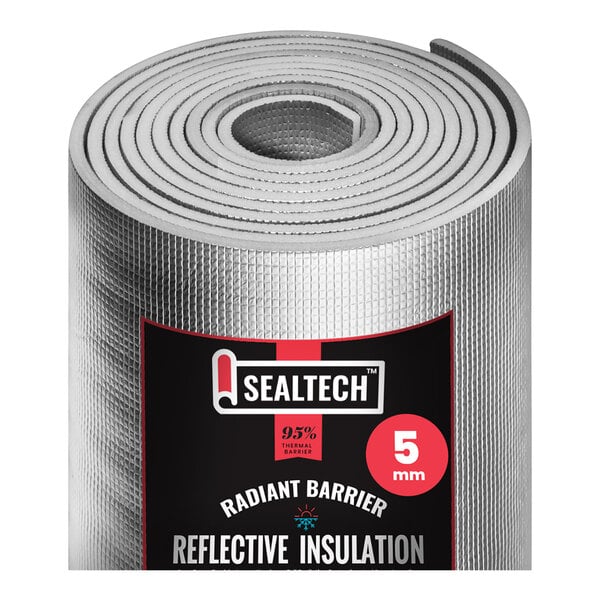 A roll of SealTech polyethylene foam reflective insulation material with a SealTech logo.