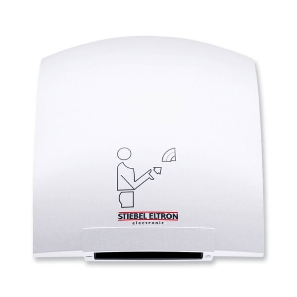 A white Stiebel Eltron hand dryer with a logo on it.