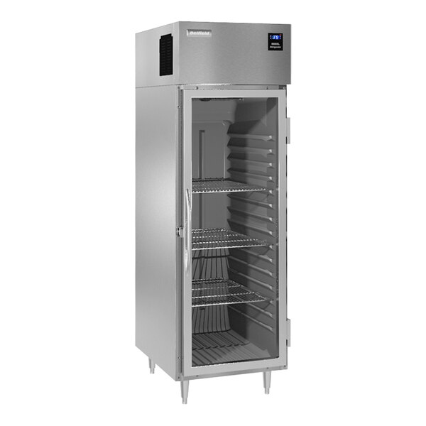 A Delfield stainless steel reach-in refrigerator with full glass doors and shelves.