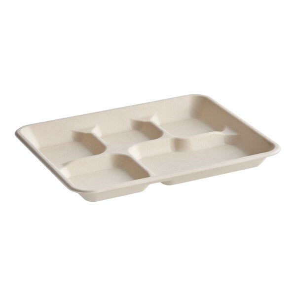 A rectangular, beige, compostable tray with five compartments made from natural plant fiber.