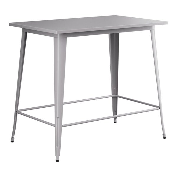 A grey rectangular Lancaster Table & Seating bar height table with metal legs.