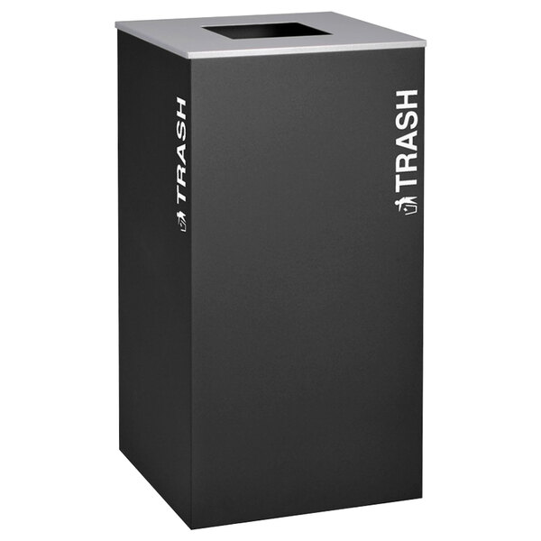 A black square Ex-Cell Kaiser trash receptacle with white "Trash" text.