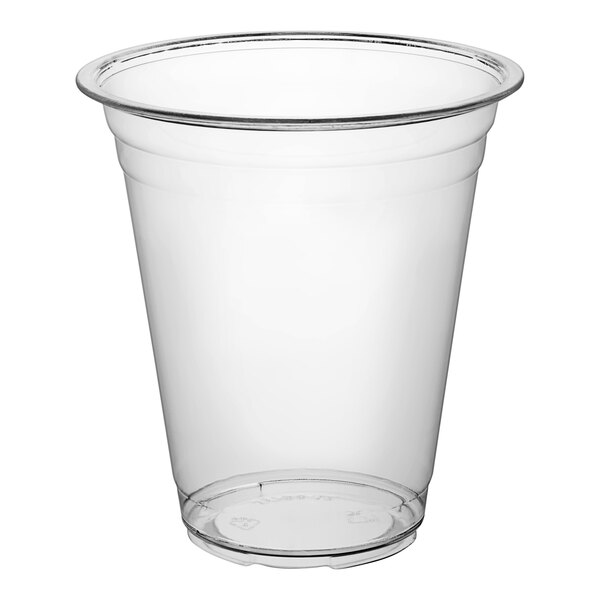 A clear plastic cup with a rim.