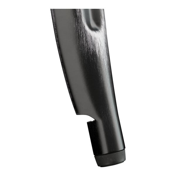 A close-up of a Lancaster Table & Seating distressed onyx black table top with a silver base.