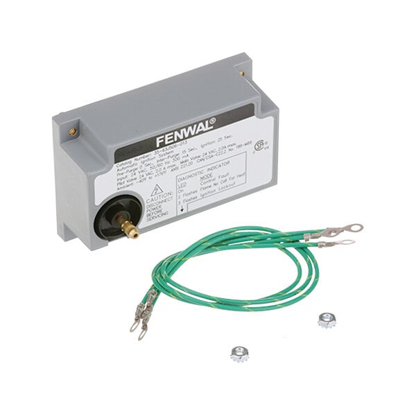 An AllPoints ignition module, a grey device with a green wire with yellow stripes.