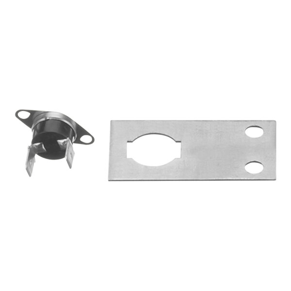 A metal bracket with a hole and a screw.