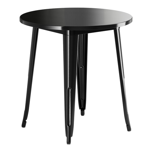 A Lancaster Table & Seating Onyx Black round table with metal legs.