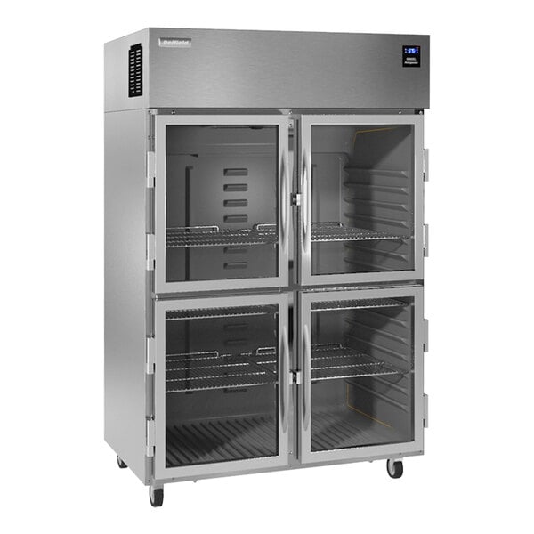 A Delfield stainless steel reach-in refrigerator with four half-height glass doors.