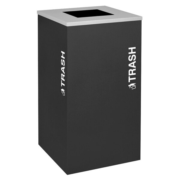 A black square Ex-Cell Kaiser trash receptacle with white text that says "Trash" on the front.